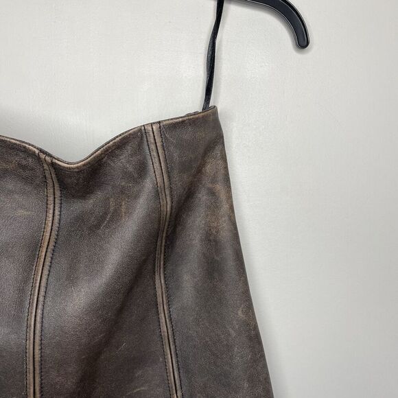 VEDA Leather Skirt Women 10 Brown Mini Distressed Side Zip Lined - Picture 8 of 11